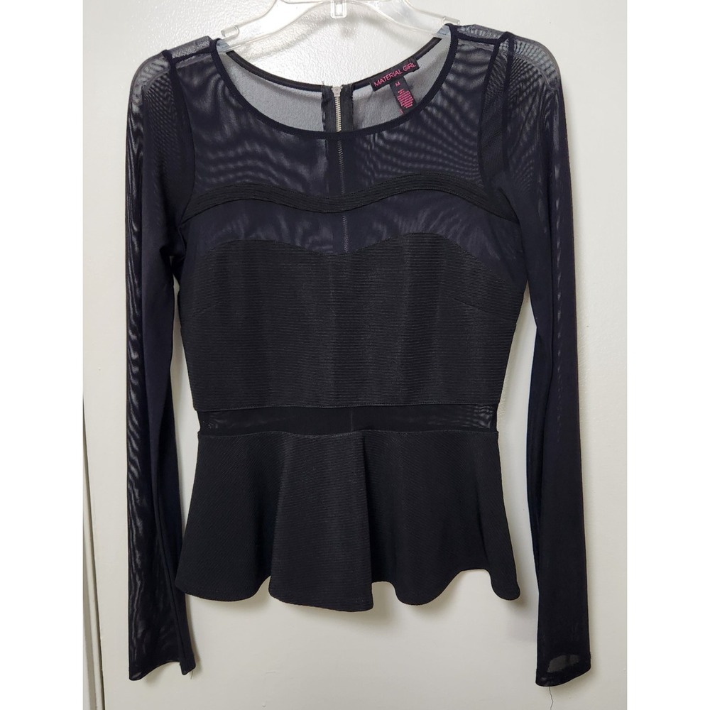 Material Girl Black Long Sleeve Mesh‎ & Knit Fit & Flare Peplum Top Zip Back Med